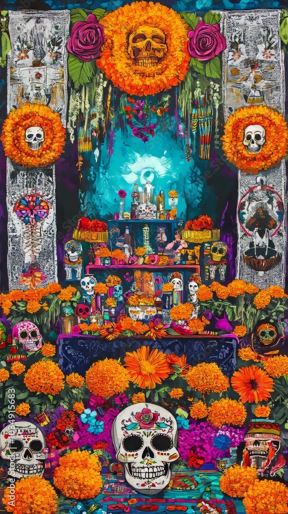 Fototapeta premium Illustrate the vibrant and emotional atmosphere of Day of the Dead, with colorful altars, intricately designed sugar skulls, and marigold flowers, celebrating the remembrance of loved ones against