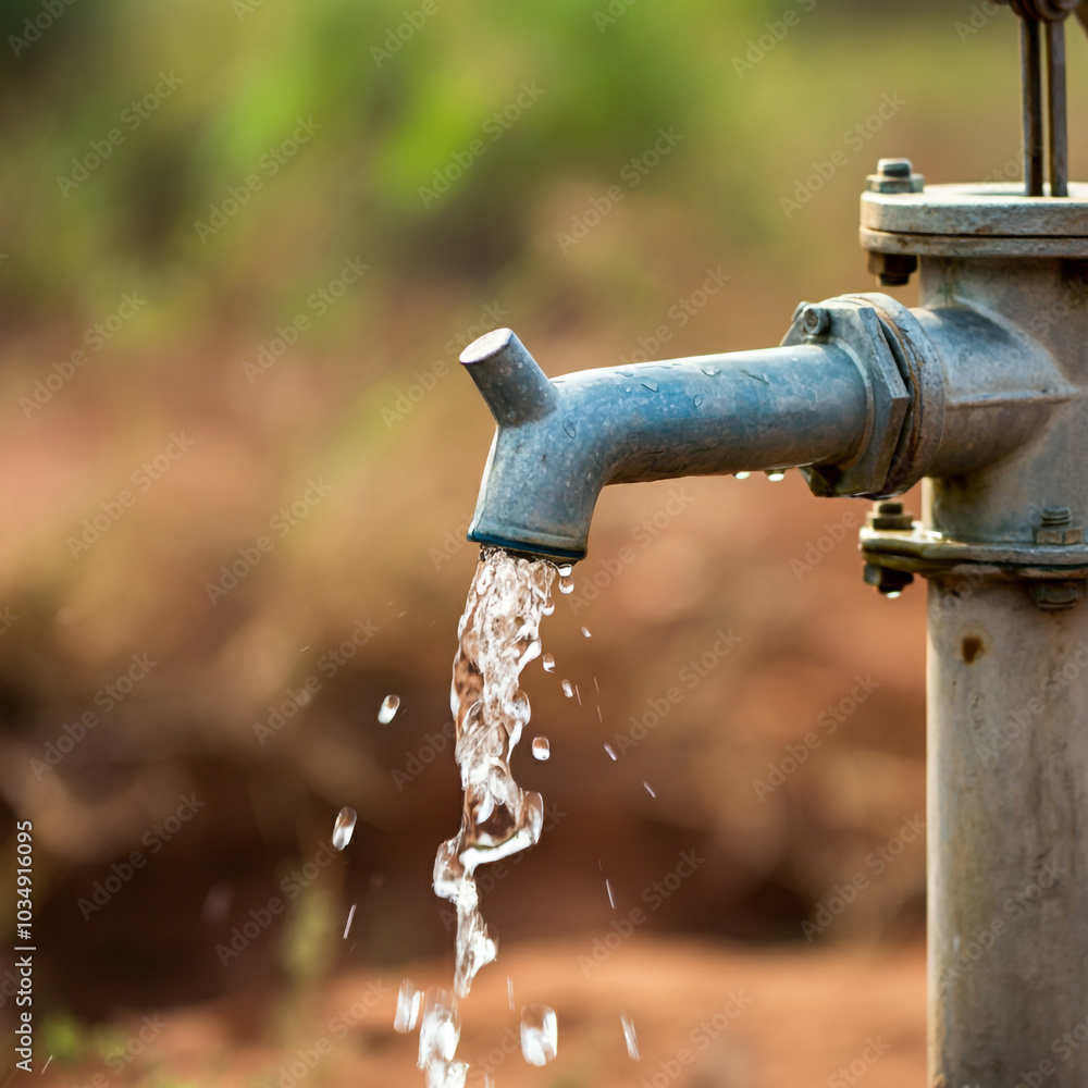 A close-up view of a water tap flowing with clear water, set against a blurred background, symbolizing simplicity and rural life