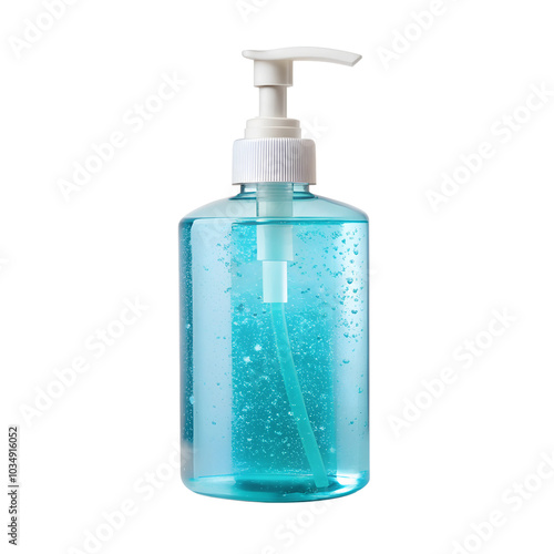 a bottle of hand soap with a blue pump and bubbles, isolated on a transparent background