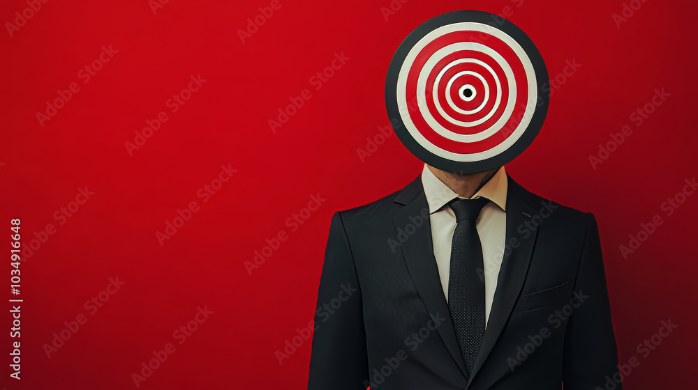 A man in a suit stands against a red background, but his head is replaced with a target board. This unique image is a modern artwork about inspiration, ideas, and capturing life's exciting moments. A man in a suit stands against a red background, but his head is replaced with a target board. This unique image is a modern artwork about inspiration, ideas, and capturing life's exciting moments.