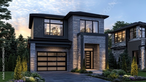 Wallpaper Mural Light gray siding and natural stone facade on a modern house with single-car garage, creating a contemporary charm Torontodigital.ca