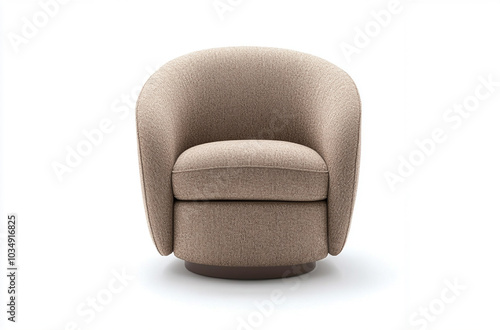 a barrel chair with a curved backrest and plush fabric upholstery