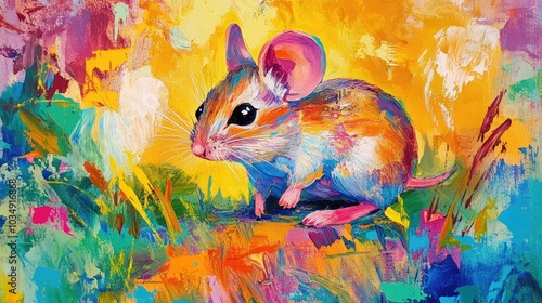 Vibrant and joyful painting of a mouse in bright colors photo