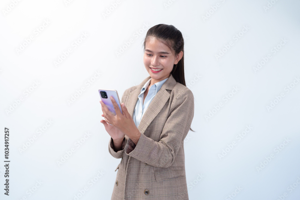Happy Beautiful asian young Business woman holding smartphone on white background technology and employment. Happy Beautiful asian young Business woman holding smartphone on white background technology and employment.