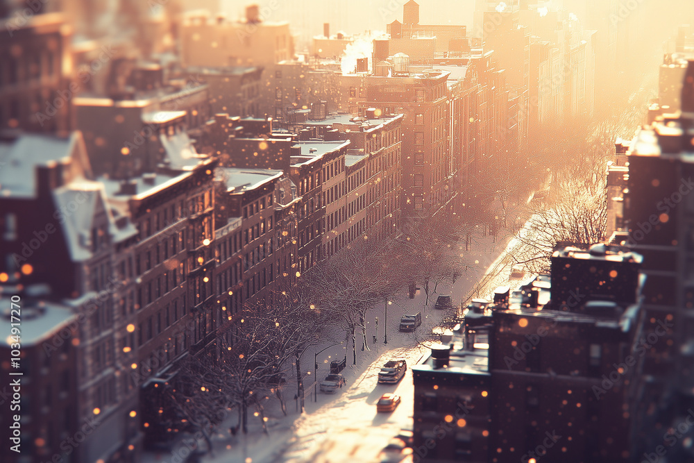 Fototapeta premium Winter Sunset Over City Streets