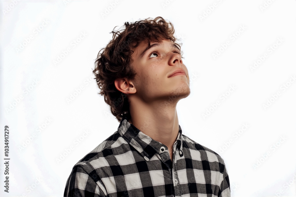A young man in a checkered shirt looks up, isolated against a white background. A young man in a checkered shirt looks up, isolated against a white background.