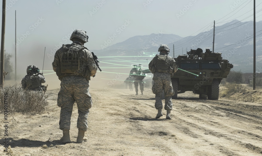 Soldiers walking towards a military vehicle. Soldiers walking towards a military vehicle.