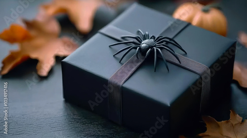 A spooky black gift box adorned with a spider, perfect for Halloween celebrations and themed parties. photo