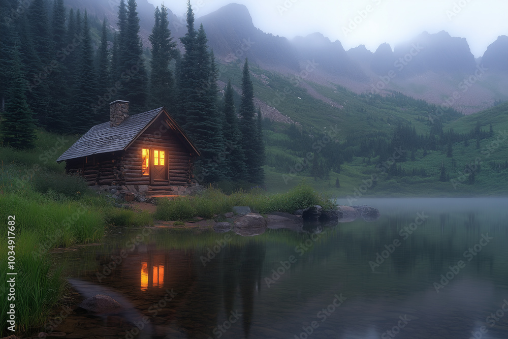 Fototapeta premium Serene Cabin by Misty Lake
