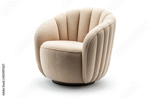 a barrel chair with a curved backrest and plush fabric upholstery