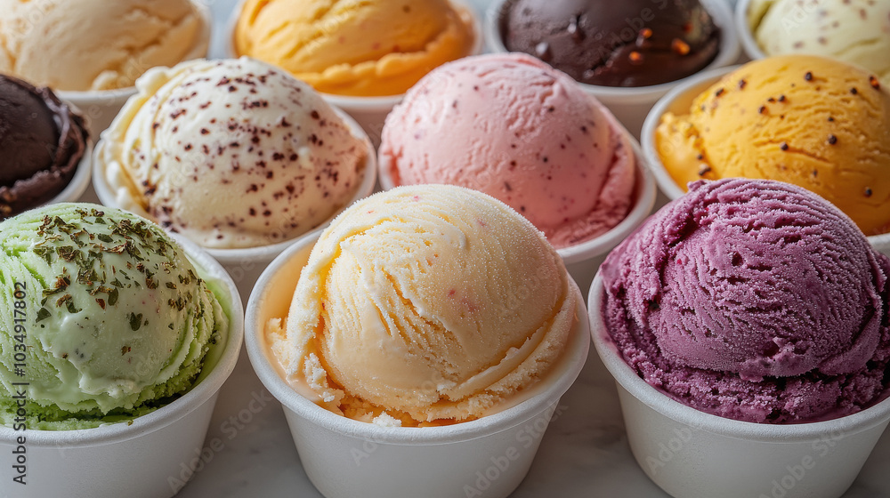 A row of ice cream cups with different flavors A row of ice cream cups with different flavors