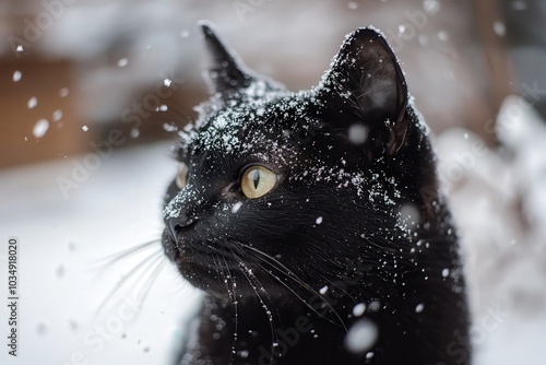 Gato negro bajo la nieve. Copos de nieve sobre el animal, invierno.