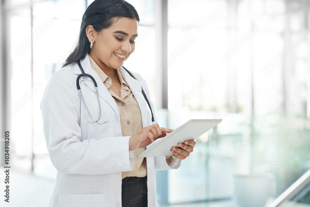 Girl, doctor and typing with tablet in hospital for healthcare schedule, planning surgery and Telehealth. Woman, digital and medical research for health results, treatment feedback and history report Girl, doctor and typing with tablet in hospital for healthcare schedule, planning surgery and Telehealth. Woman, digital and medical research for health results, treatment feedback and history report