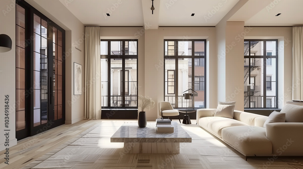 Obraz premium Spacious living room with a cream-colored sofa, marble coffee table, and black-framed windows, creating a sleek and sophisticated atmosphere.