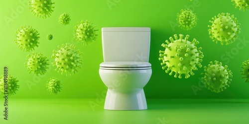 A clean toilet on a vibrant green background with floating virus illustrations, representing hygiene concerns.