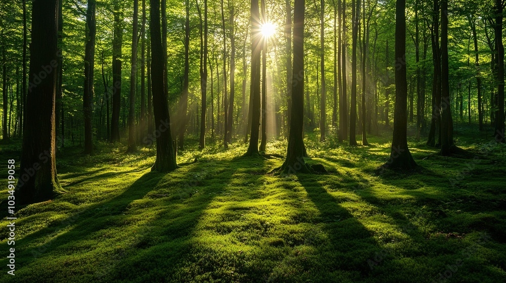 Fototapeta premium Sunlight Filtering Through Lush Green Forest