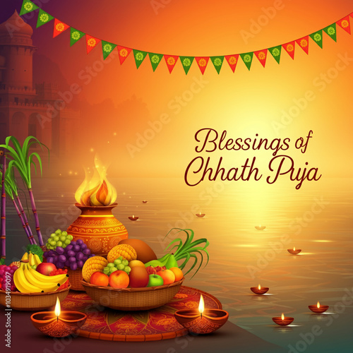 Elegant "Blessings of Chhath Puja" with colorful bunting and sunset view