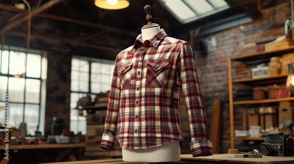 Fototapeta premium Stylish Red Plaid Shirt on Display in Workshop Setting