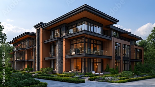 Modern luxury apartment building with large windows, wooden facade, and landscaped grounds.