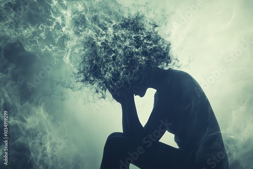 Silueta de la mujer en blanco y negro con las manos en la cabeza mientras sus pensamientos se van evaporando. Persona destrozada y triste. Recurso gráfico, fondo.