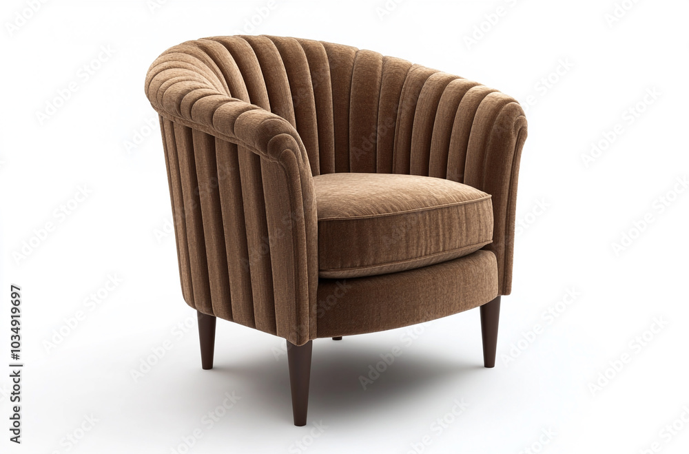 a barrel chair with a curved backrest and plush fabric upholstery a barrel chair with a curved backrest and plush fabric upholstery