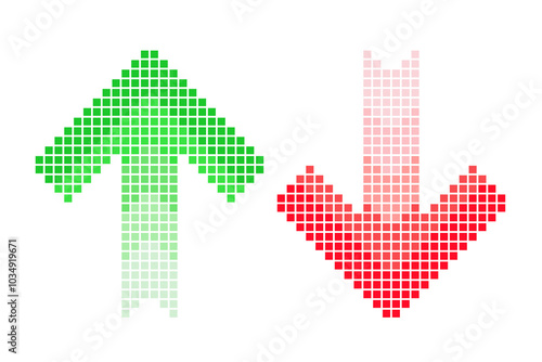 Pixel arrow set. Two halftone arrows increase and decrease template. Red and green color. 