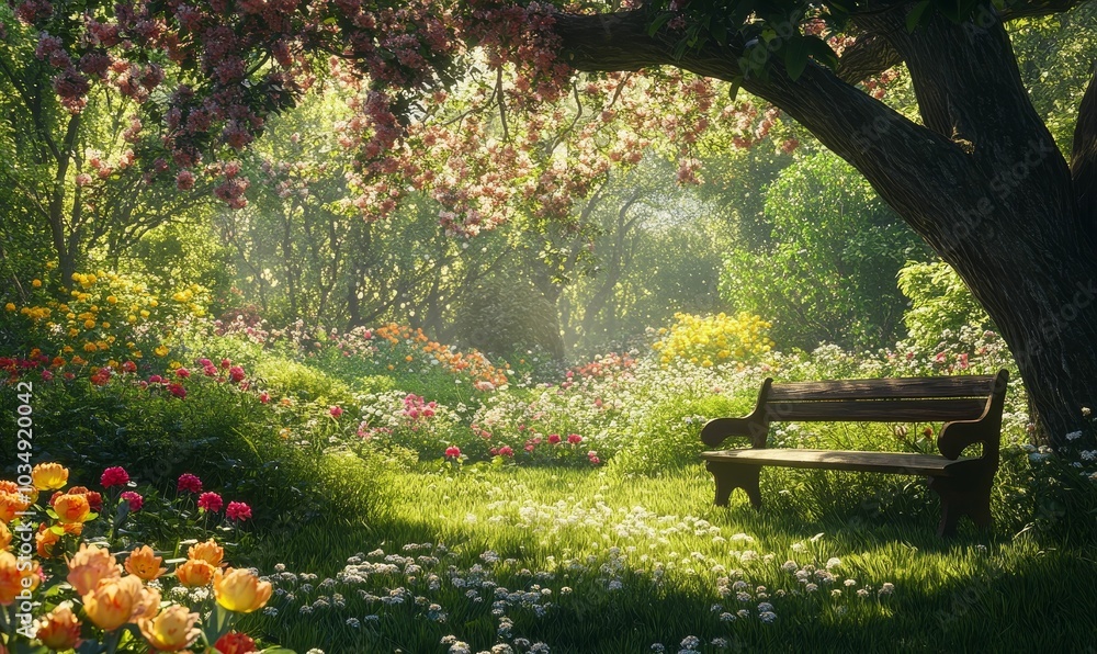 A wooden bench in a sunny, flower-filled garden. A wooden bench in a sunny, flower-filled garden.