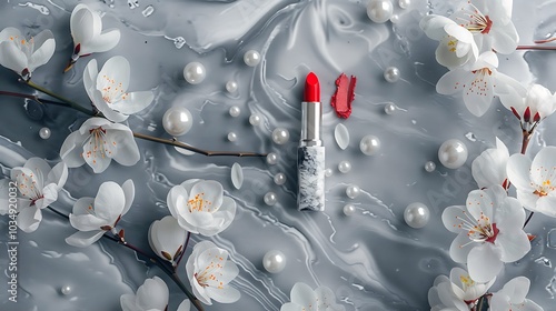 A gray marble foundation with pearls and blossoms encircling an intense red lipstick photo