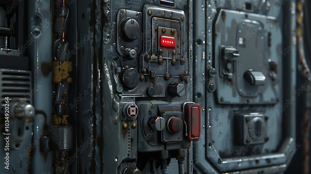 A grayish contraption having a red switch on its front A grayish contraption having a red switch on its front