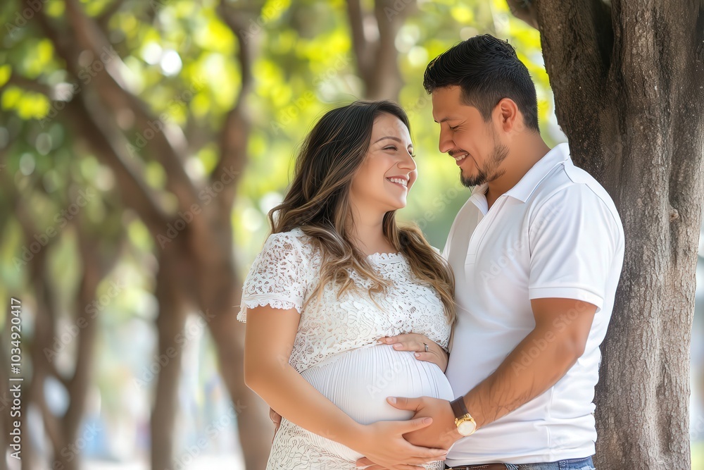 Pareja de hombre y mujer embarazada en el parque. Hombre tocando la barriga grande de su mujer. Esperando el bebé, capturando el momento de unión y alegría en familia. Pareja de hombre y mujer embarazada en el parque. Hombre tocando la barriga grande de su mujer. Esperando el bebé, capturando el momento de unión y alegría en familia.