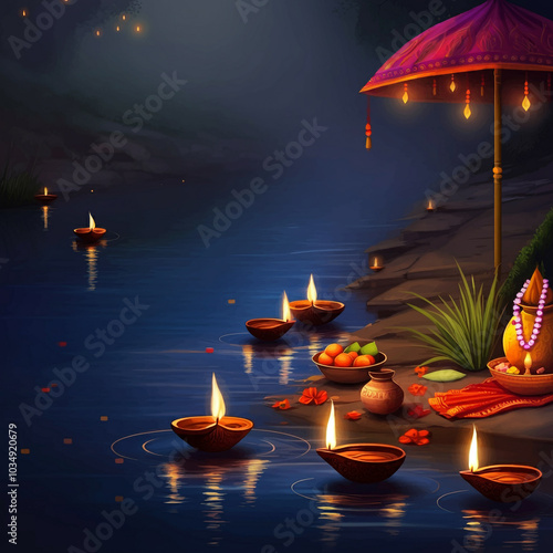 Offerings and lamps on a ri...