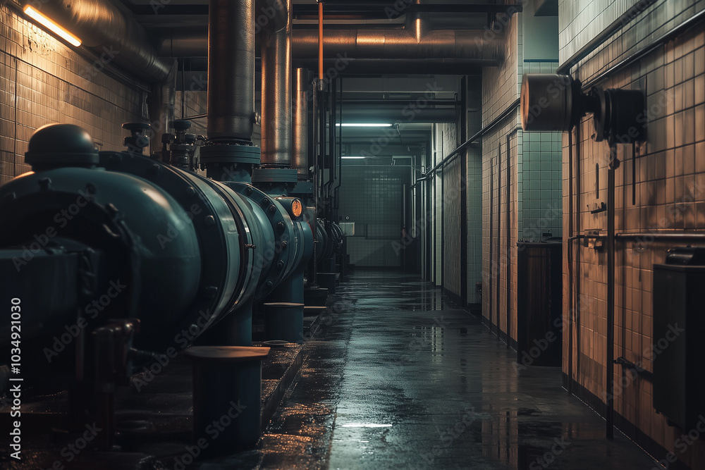 Fototapeta premium Industrial Hallway with Water Pipes