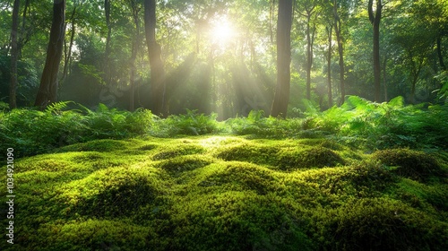 Lush Green Forest with Sunlight Filtering Through Trees