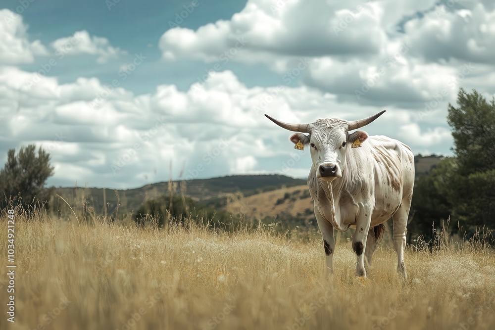 Toro blanco con cuernos grandes en la montaña. Ganado salvaje. Animal en la natura. Toro blanco con cuernos grandes en la montaña. Ganado salvaje. Animal en la natura.