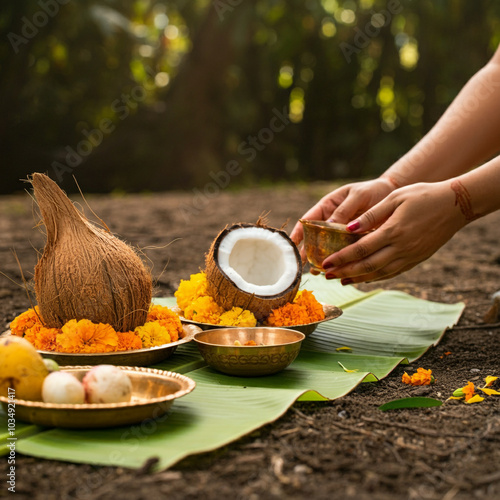 Hands arranging offerings o...