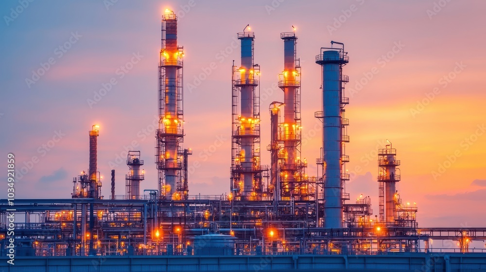 Oil refinery at sunset, glowing lights, massive complex, focus on all objects, deep depth of field Oil refinery at sunset, glowing lights, massive complex, focus on all objects, deep depth of field