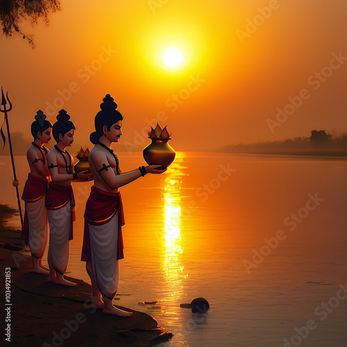 Women standing by the river...