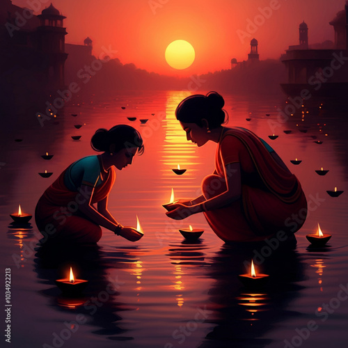 Two women kneeling in water...