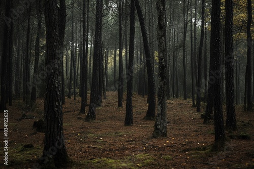 Bosque profundo y oscuro. Naturaleza al anochecer. Clarianas de luz en el bosque.