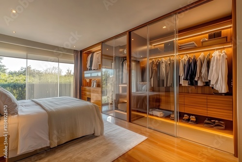 Habitación grande con cama y armario transparente como guardarropa. Almacenamiento grande en la habitación particular. 