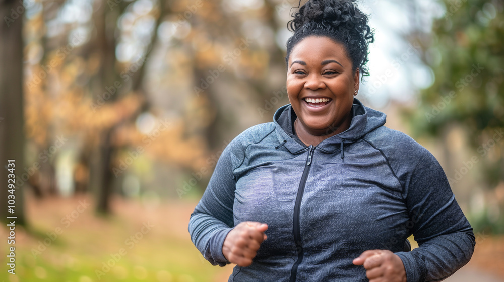 Happy african american black overweight woman jogging in the park autumn Fitness lifestyle Happy african american black overweight woman jogging in the park autumn Fitness lifestyle