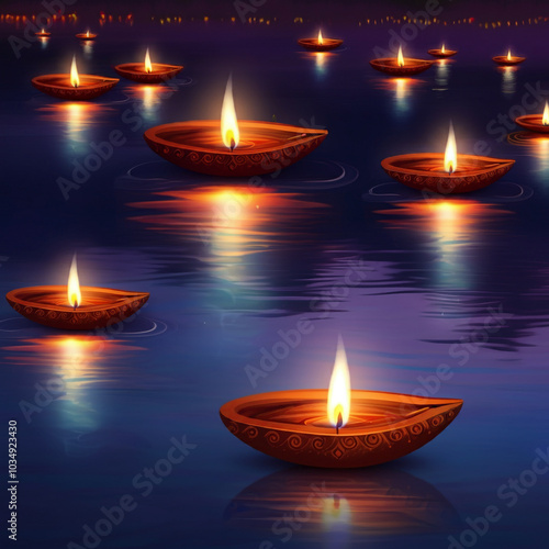 Diyas floating on calm wate...