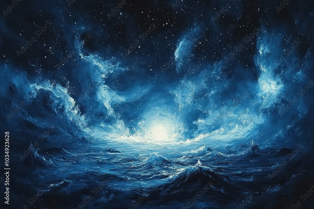 A majestic cosmic scene with swirling clouds and sparkling stars, illuminated by a bright light, conveying a deep sense of mystery and wonder. A majestic cosmic scene with swirling clouds and sparkling stars, illuminated by a bright light, conveying a deep sense of mystery and wonder.