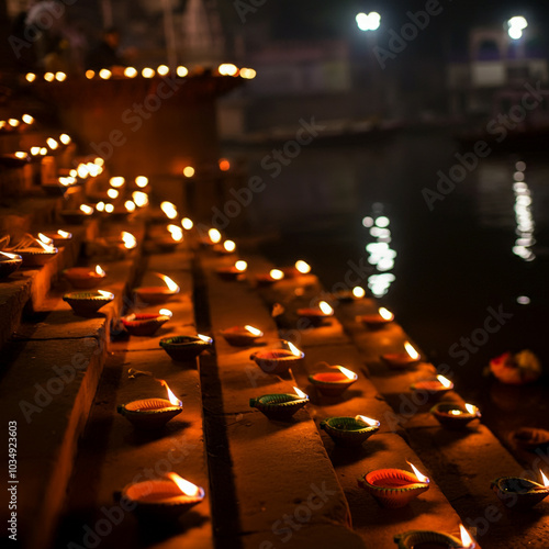 Rows of lit diyas arranged ...