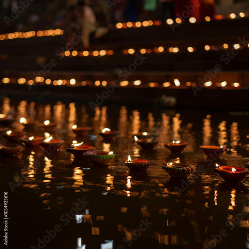 Diyas floating and arranged...