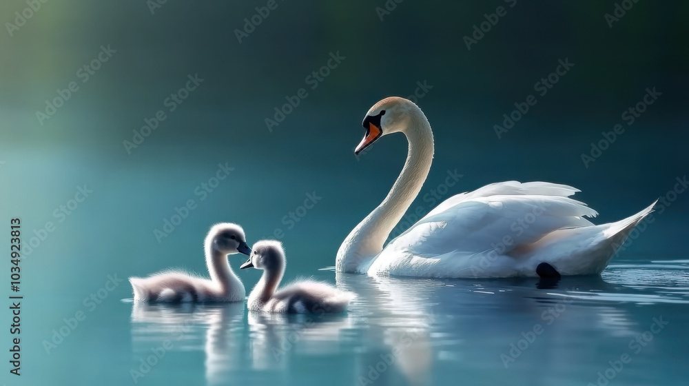 Naklejka premium a swan swimming with two cygnets in tranquil blue water