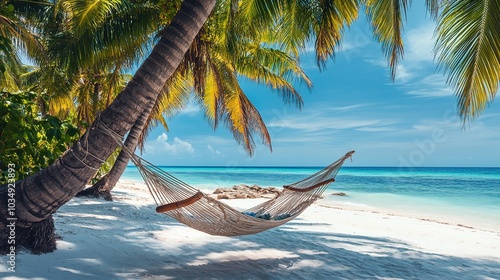 Tranquil Beach Scene with Hammock Under Palm Trees