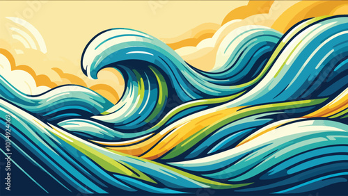 Flat style sea wave illustration with a combination of blue, yellow, green