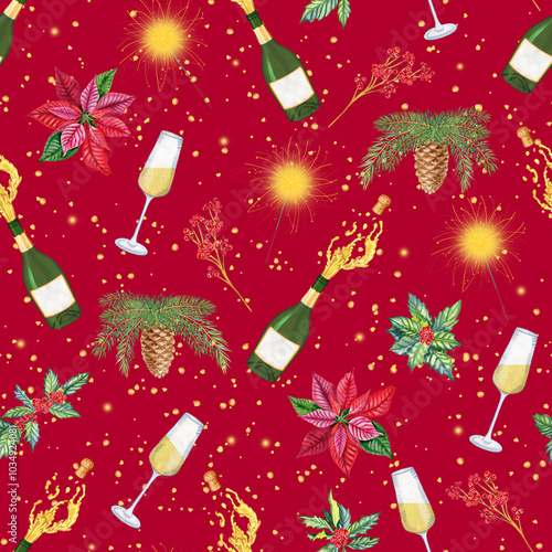 Champagne bottle and glass watercolor new year seamless pattern. Red poinsettia and pine branches endless christmas background. Print for fabric and wrapping paper.