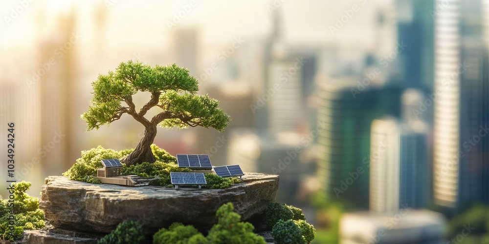 A futuristic city blends nature and technology. Businesses are eco-friendly, with solar panels, wind turbines, and electric cars. Bonsai trees add a touch of green in this modern setting. A futuristic city blends nature and technology. Businesses are eco-friendly, with solar panels, wind turbines, and electric cars. Bonsai trees add a touch of green in this modern setting.